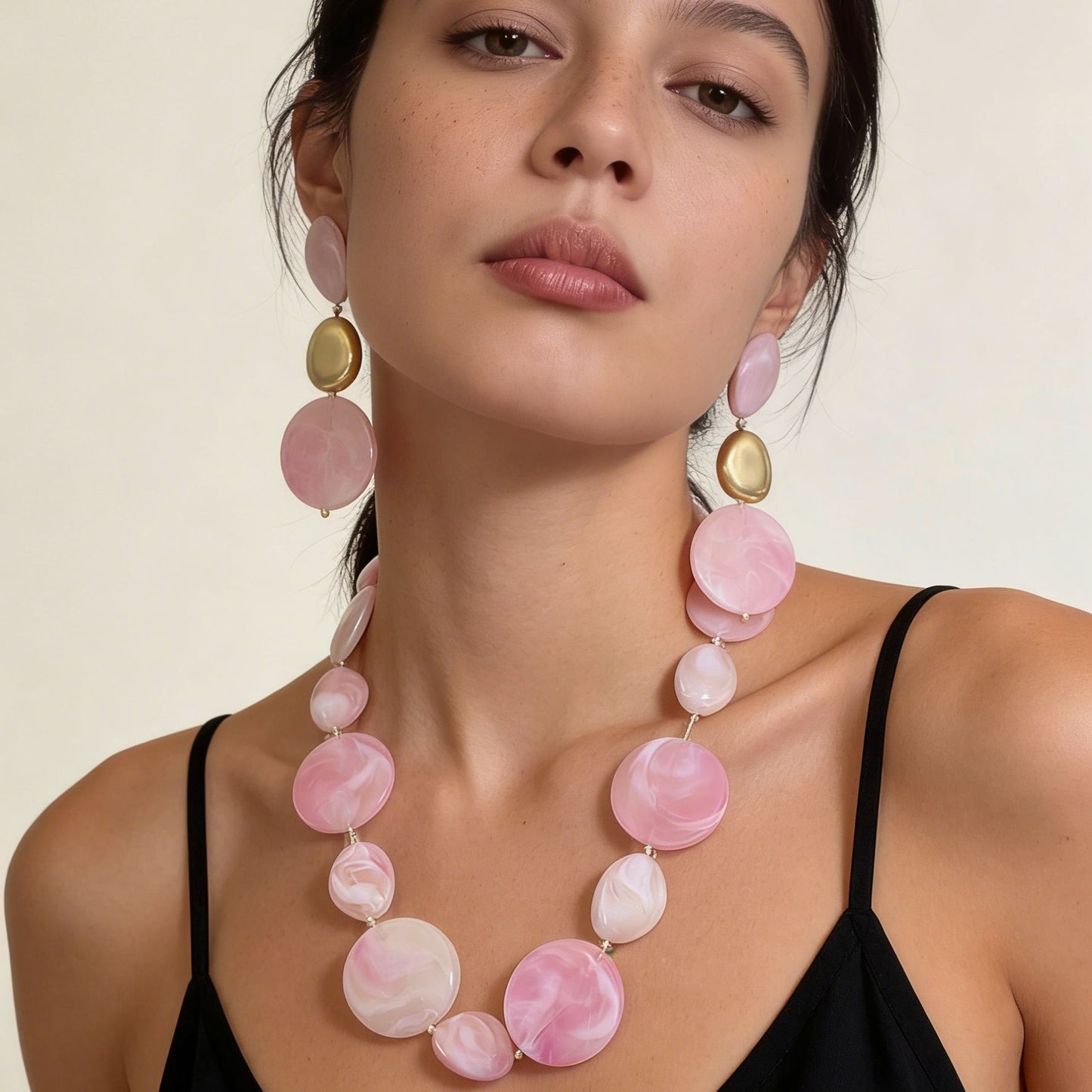 Stylish Minimalist Pink Beaded Geometric Earrings and Necklace Jewelry Set - Perfect for Any Occasion