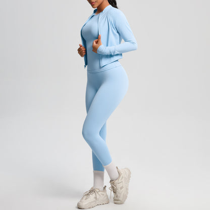 Quick Dry Skin Friendly Long Sleeve Yoga Set Slimming 3 Piece Outdoor Running Outfit with Fitness Pants and Jacket for Maximum Comfort and Performance