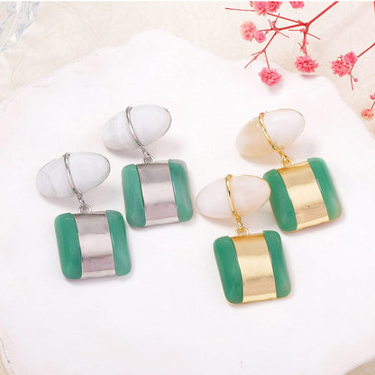Elegant Geometric Alloy and Resin Gemstone Dual-Layer Drop Earrings for Women - Stylish, Lightweight, and Perfect for Any Occasion