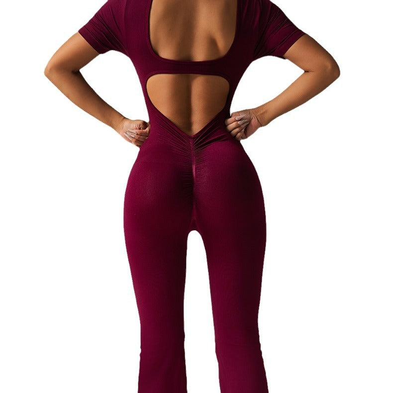 Seamless Yoga Jumpsuit with Bell Bottom Pants for Women 4 Colors V Back Design for Fitness and Workouts