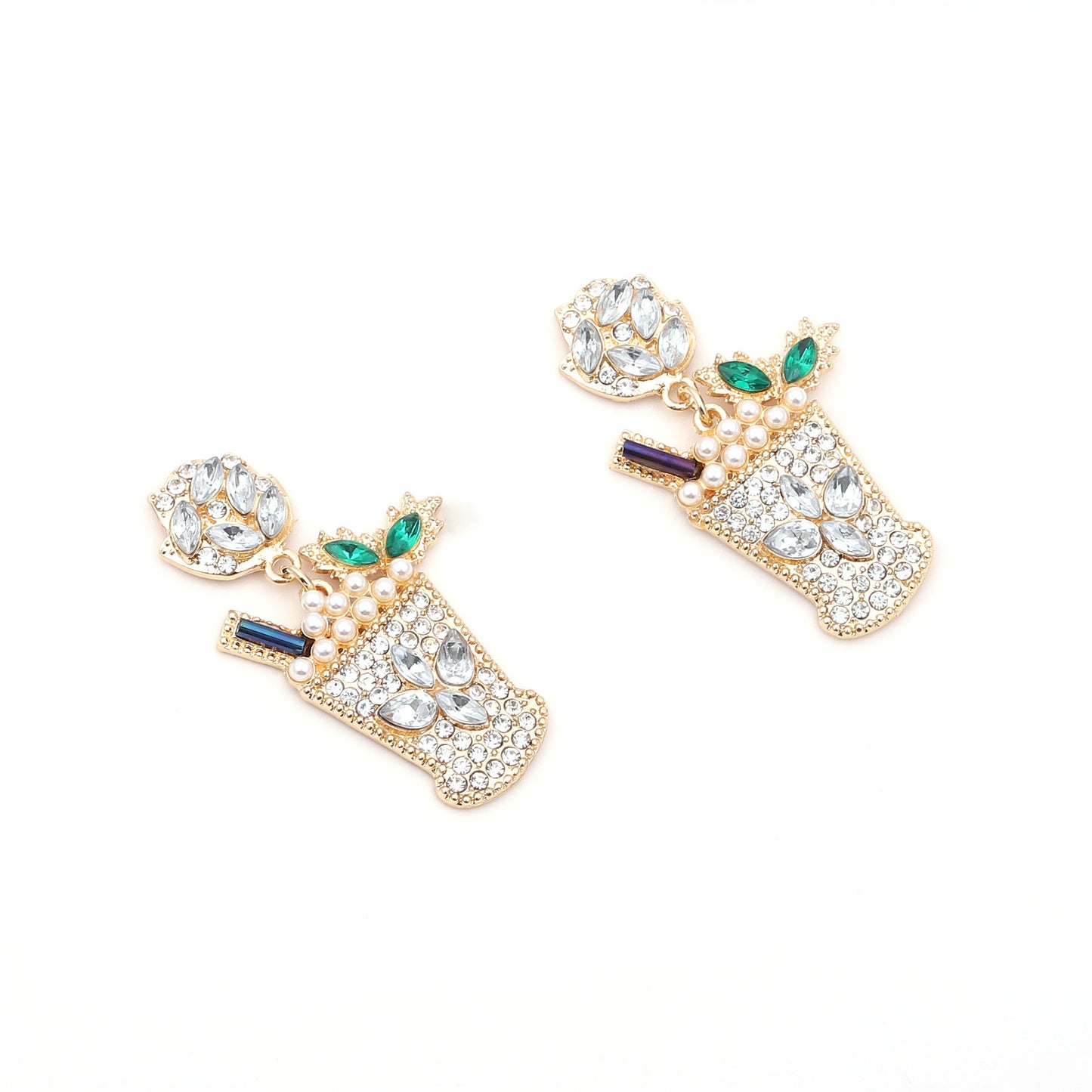 Chic Geometric Design Cold Drink Cocktail Cup Earrings – Alloy with Dazzling Diamonds and Elegant Pearls