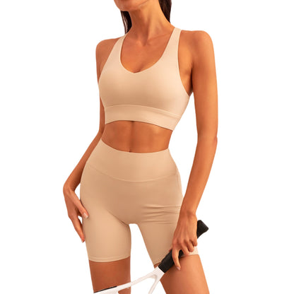 Workout Set with Wide Shoulder Straps Hollow Back Design and Pleated Fitness Shorts for Active Lifestyles