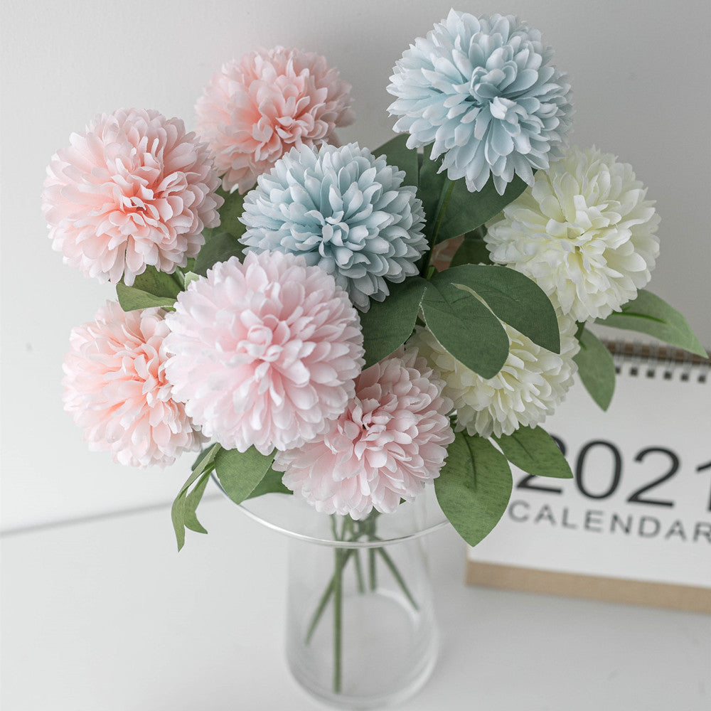 Realistic Faux Dandelion Hydrangea Artificial Flowers - Stunning 2-Headed Ping Pong Chrysanthemum for Wedding Decor, Photography Props, and Event Decorations