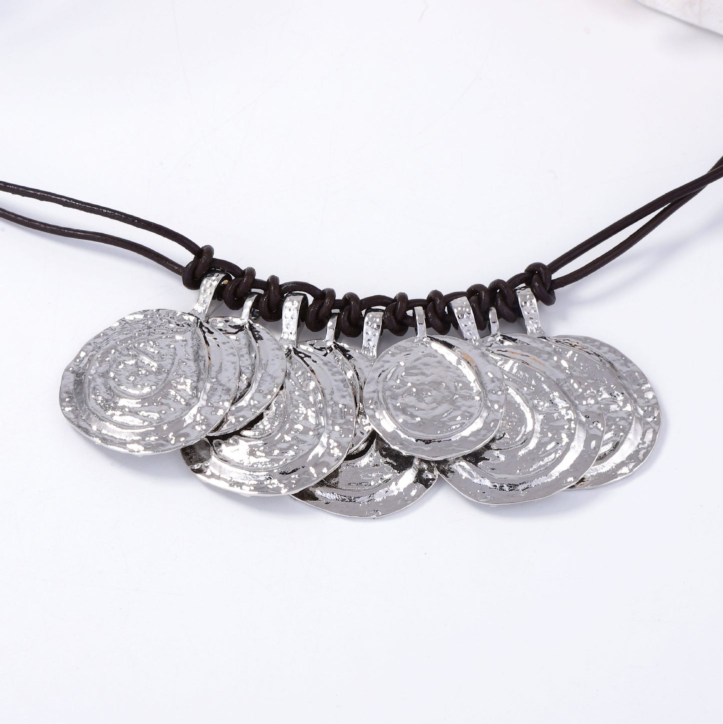 Chic Vintage-Style Layered Coin Necklace with Pleated Alloy and Leather Rope - Perfect for Casual Everyday Wear