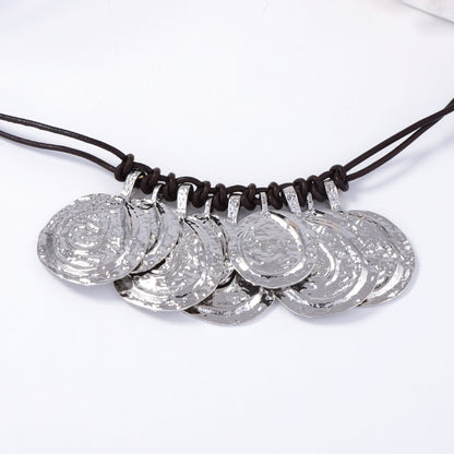 Chic Vintage-Style Layered Coin Necklace with Pleated Alloy and Leather Rope - Perfect for Casual Everyday Wear