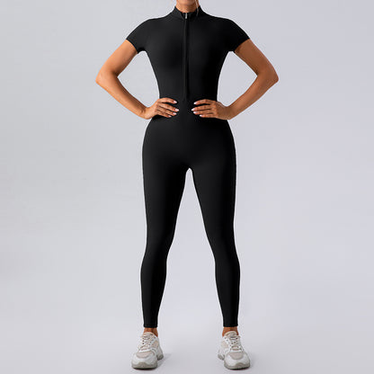 Zip Up Short Sleeve Yoga Bodysuit for Women Fitness Jumpsuit with Leggings for Active Lifestyle for Gym Workouts and Casual Wear