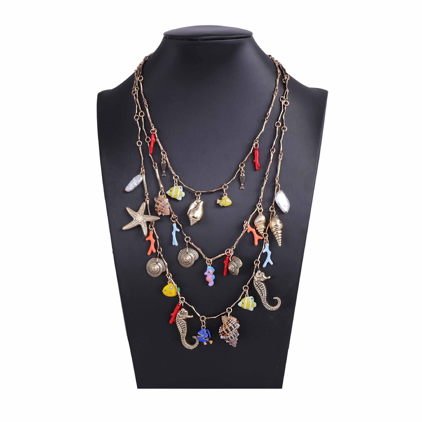 Chic Ocean-Inspired Layered Necklace with Alloy Seahorse, Shell, Starfish Charms & Faux Pearl - Perfect for Casual Vacations