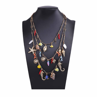 Chic Ocean-Inspired Layered Necklace with Alloy Seahorse, Shell, Starfish Charms & Faux Pearl - Perfect for Casual Vacations