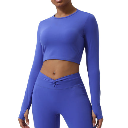 Chic Spring Hollow Out Back Workout Top with Knot Design Cropped Long Sleeve Yoga Shirt with Built In Bra for Comfort and Style