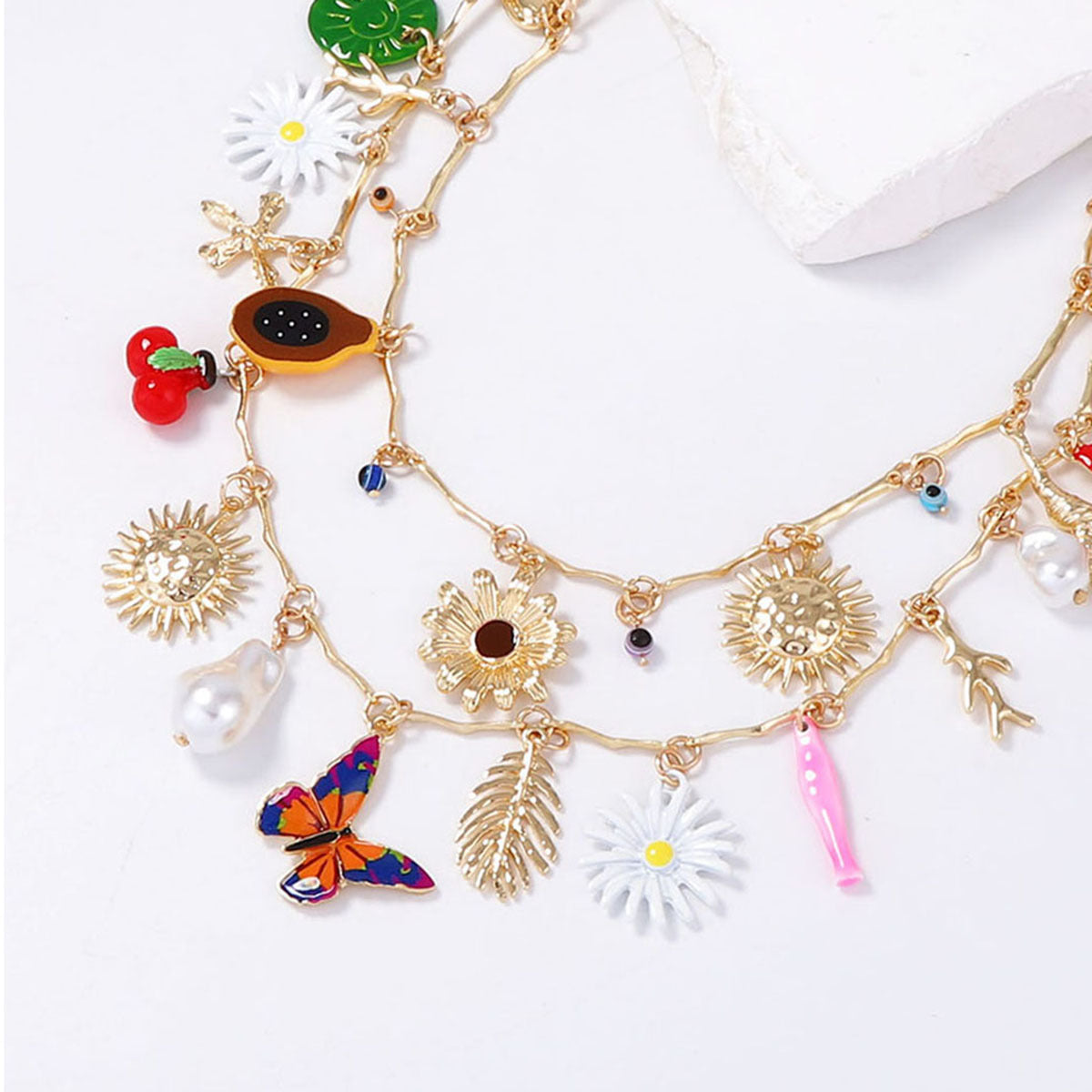 Charming Personalized Metal Chain Oil Droplet Alloy Butterfly Flower and Sunflower Imitation Pearl Pendant Necklace for Women - Unique Fashion Statement Jewelry