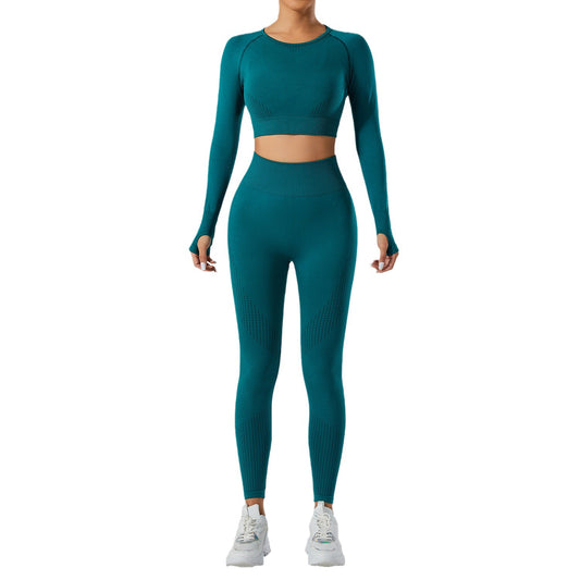 Seamless Jacquard High Waisted Butt Lifting Long Sleeve Yoga Set for Women for Running Gym and Everyday Active Wear