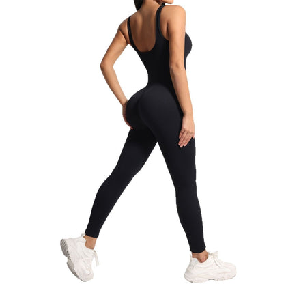 Women's Spring Summer Zip Up Ribbed U Back Jumpsuit with Dual Shoulder Straps for Fitness Yoga and Shaping Your Figure