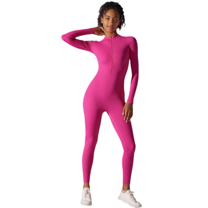 High Stretch Solid Color Long Sleeve Zippered Bodysuit for Active Women for Running Gym Workouts and Yoga