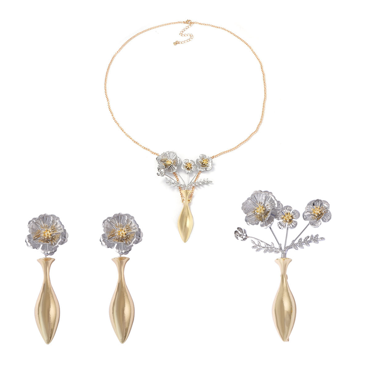 Chic Minimalist Gold Alloy Flower Necklace, Brooch, and Earring Set - Exquisite Cold Aesthetic Jewelry for Elegant Styles