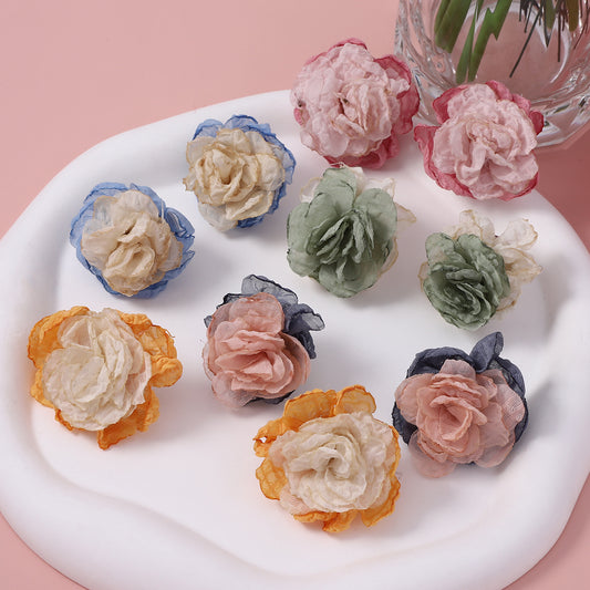 Chic Korean-Inspired Vintage Floral Fabric Earrings with Unique Design, Lace Accents, and Multi-Colored Camellia Flowers for an Elegant Atmosphere