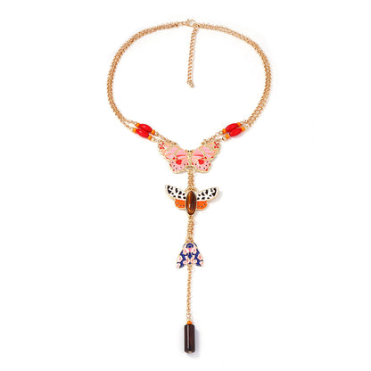 Bohemian Exaggerated Alloy Drip Oil Colorful Insect Butterfly Pendant Y-Shape Women's Chain Necklace – Unique Fashion Jewelry with Vibrant Colors and Artisan Design