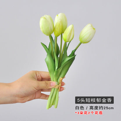 5-Head Short Stem Tulip Bouquet - Realistic Faux Flowers for Home Decor, Perfect Photo Props, and Soft Rubber Tulip Arrangement for Lasting Beauty