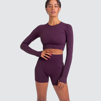 Seamless Knitted Stretch Yoga Set for Women Long Sleeve Tight Fitting High Waist Shorts Quick Dry Comfortable Activewear for Fitness and Gym Workouts