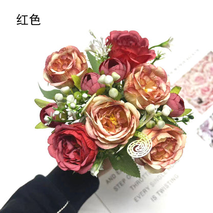 Realistic 5-Head Artificial Rose & Peony Flower Bouquet - Perfect for Weddings, Home Décor, and Special Events