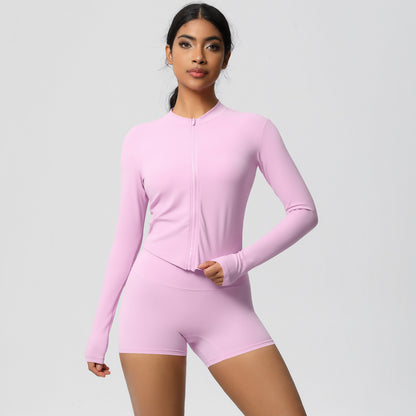 Soft Brushed Zip Up Jacket and High Waisted Short Yoga Set for Outdoor Sports and Fitness Training