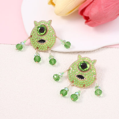 Quirky Cartoon Character Gemstone-Studded Beaded Jewelry – Unique and Fresh Green Design for Individuality
