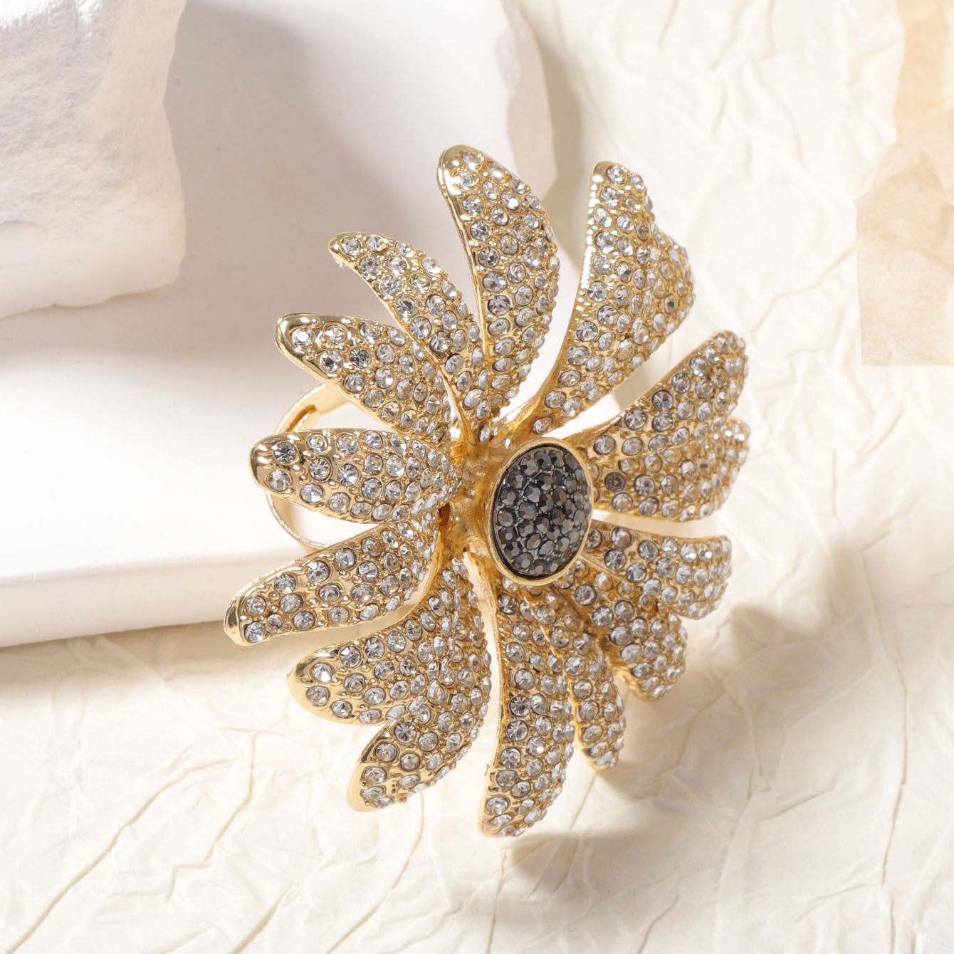 Exquisite High-End Design Oversized Floral Statement Ring with Sparkling Rhinestones for Women - Fashionable Alloy Open Floral Statement Piece