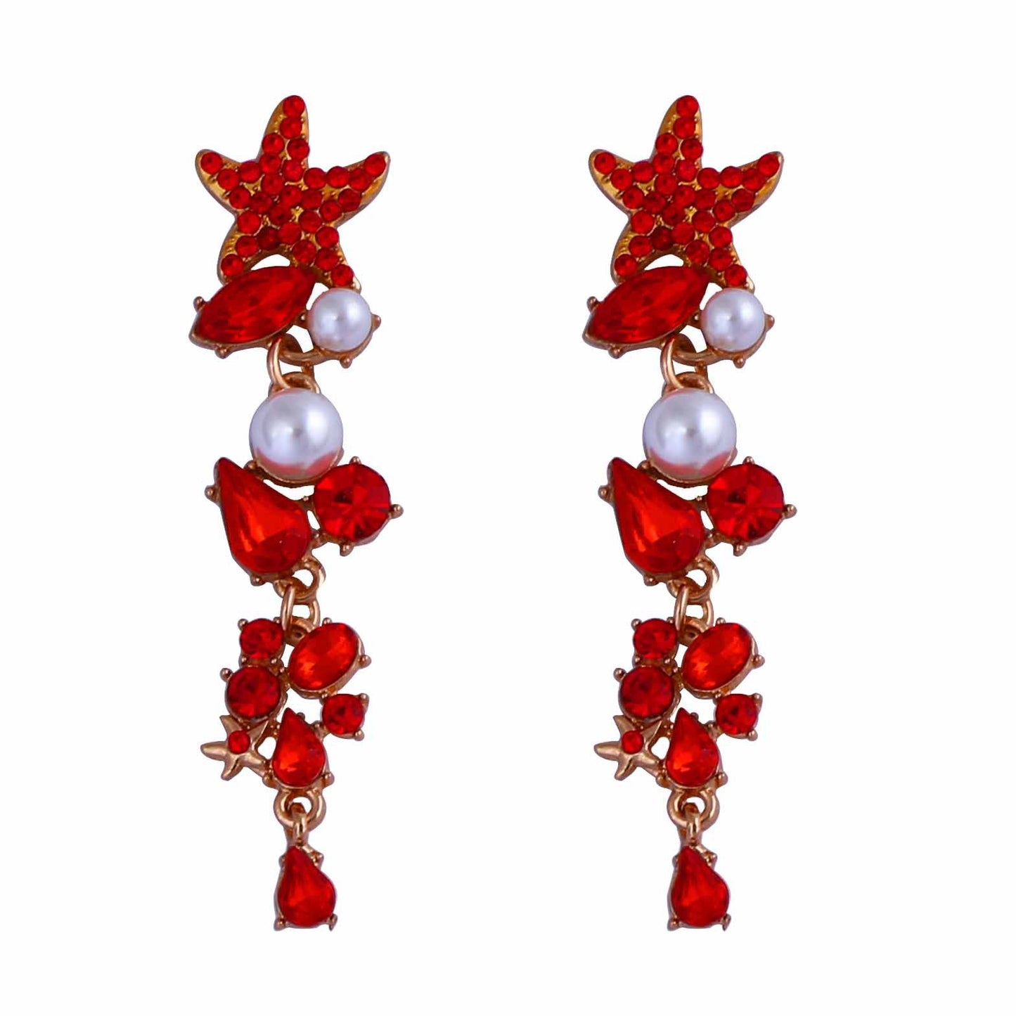 Exaggerated Starfish Long Earrings with Alloy Links, Colorful Gemstones, and Elegant Pearl Accents – Perfect for Adding a Touch of Glamour