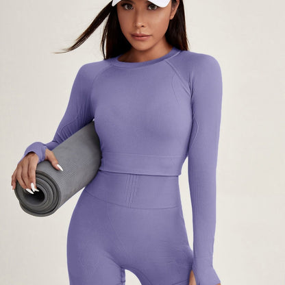 Seamless Knit Solid Color Long Sleeve Crop Top and High Waisted Three Quarter Pants Fitness Set for Women for Running Yoga and Workout Enthusiasts