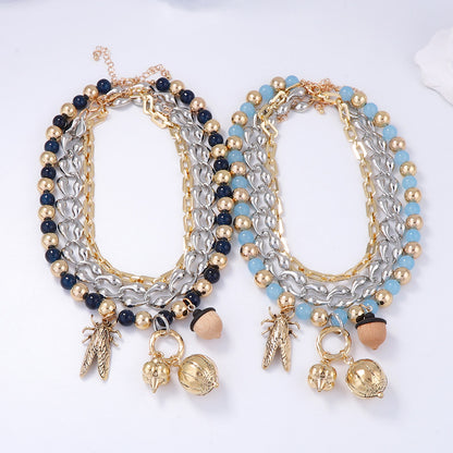 Bohemian Multi-Layered Charm Necklace featuring Unique Chain, Colorful Glass Beads, and Alloy Insect Pendant – Perfect for Casual Wear and Fashion Statements