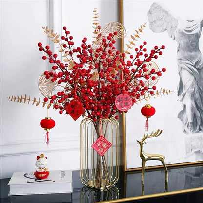 Vibrant Red Berry Faux Wintergreen Plant - Perfect New Year’s Home Decor for Living Room - Festive and Lively Faux-Fruit Accent for Your Seasonal Decor