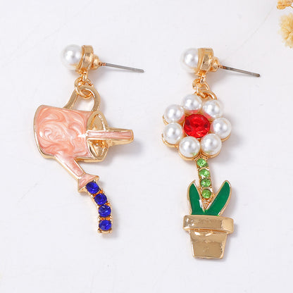 Chic Japanese and Korean Style Asymmetrical Alloy Drop Oil Pendant Earrings with Rhinestone-Studded Floral Design and Imitation Pearl Accents - Perfect for Any Occasion