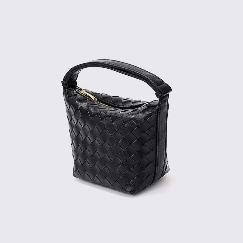 Chic Woven Lunch Box Bag Unique Silver Bucket Bag with Spacious Capacity Genuine Leather Tote for Women
