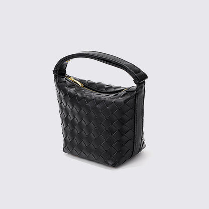 Chic Woven Lunch Box Bag Unique Silver Bucket Bag with Spacious Capacity Genuine Leather Tote for Women