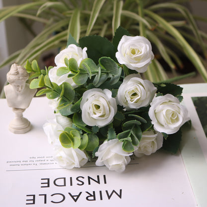 Beautiful Faux Eucalyptus Bouquet with 11 Realistic Mini Roses - Perfect for Weddings, Home Decor, and Event Centerpieces