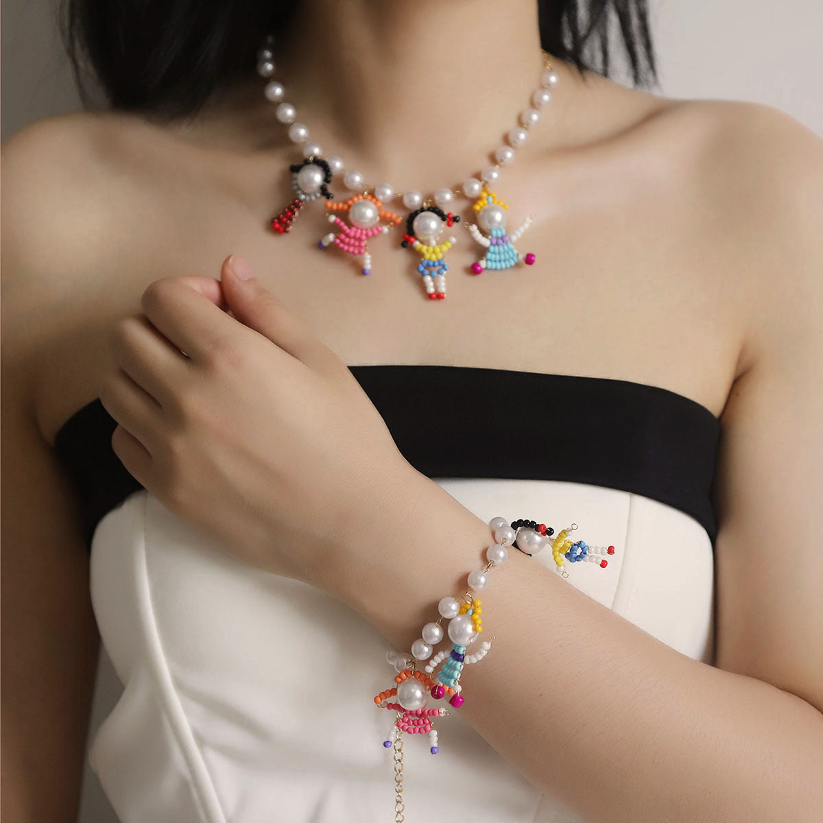 Stylish Summer Handmade Beaded Cartoon Character 3D Necklace and Bracelet Set - Unique, Fresh Design Inspired by Pearl Accents for Trendy Fashion Lovers