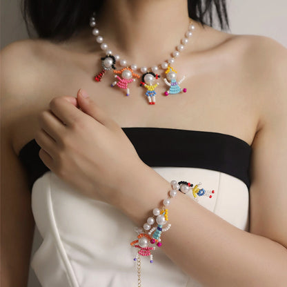 Stylish Summer Handmade Beaded Cartoon Character 3D Necklace and Bracelet Set - Unique, Fresh Design Inspired by Pearl Accents for Trendy Fashion Lovers
