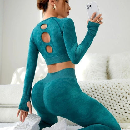 Seamless Hollow Back Yoga Outfit Set High Waisted Seamless Leggings Long Sleeve Sports Top for Comfort and Flexibility