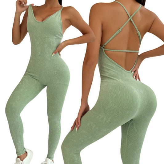 Seamless Sand Wash Cross Back Yoga Jumpsuit for Women Stretchy Long Pants Comfortable Outdoor Workout and Fitness Apparel