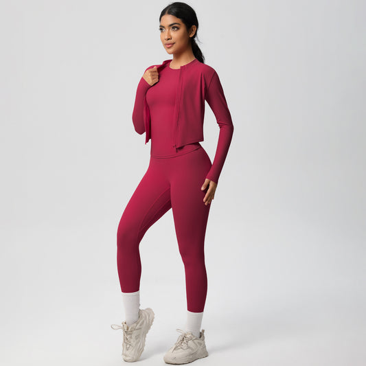 Solid Color Brushed Fabric 3 Piece Fitness Set Long Sleeve Running Jacket Yoga Outfit and Comfortable Workout Gear for All Athletes