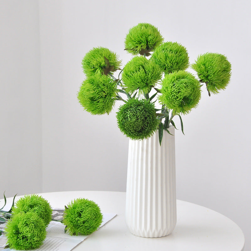 Realistic Green Dianthus Pom Pom with Leaves - Modern Soft Foam Decorative Flower Ball for Stylish Home Decor and Floral Arrangements