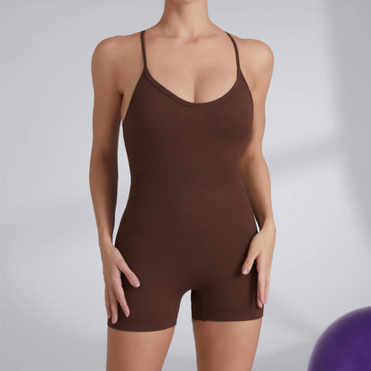 Oil Infused Yoga Unitard with Beautiful Back Design Ribbed Thin Strap Activewear Jumpsuit for Comfort and Flexibility