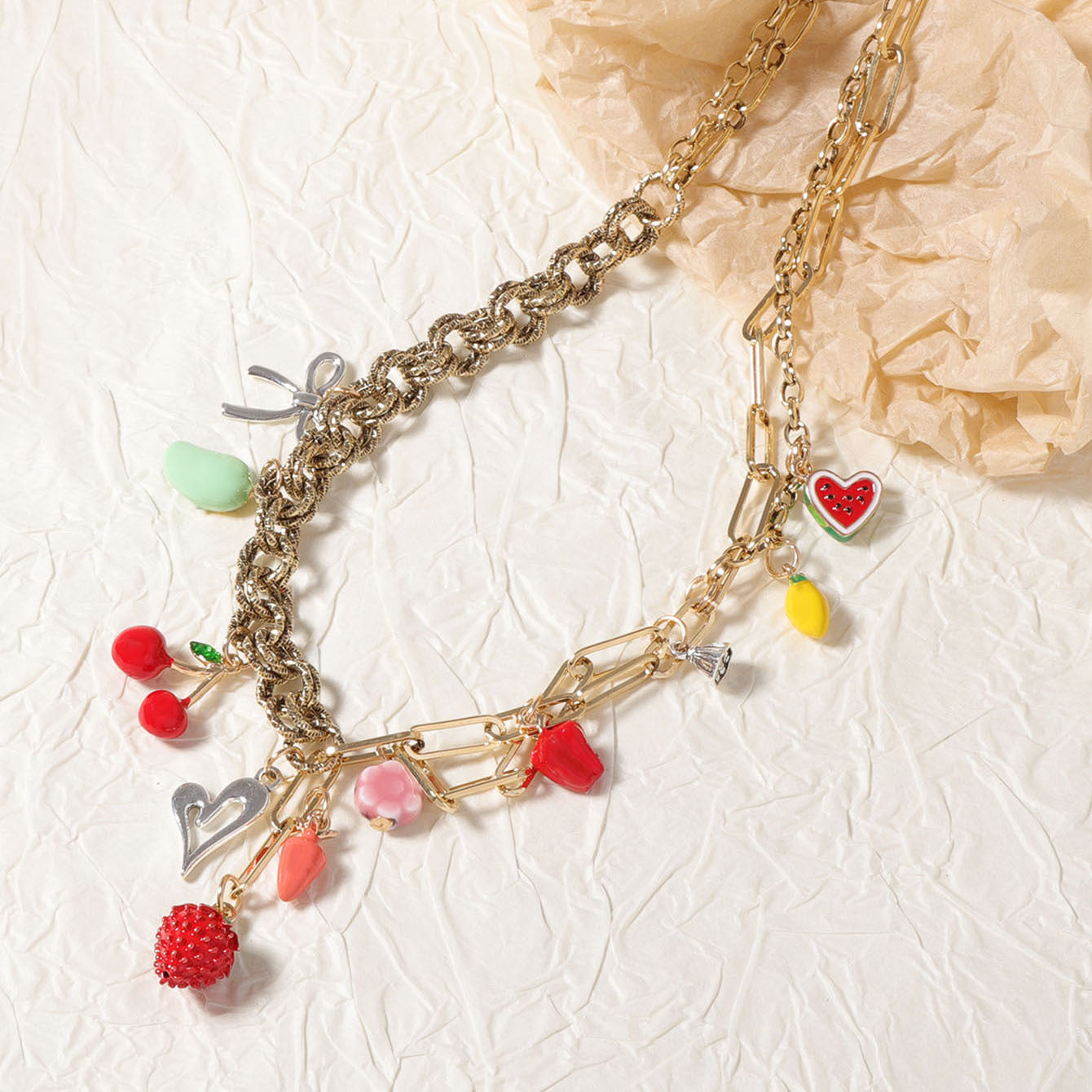 Trendy and Unique Alloy Dripped Oil Strawberry Cherry Radish Pendant Mixed Chain Necklace - Perfect for Fashion-Forward Individuals