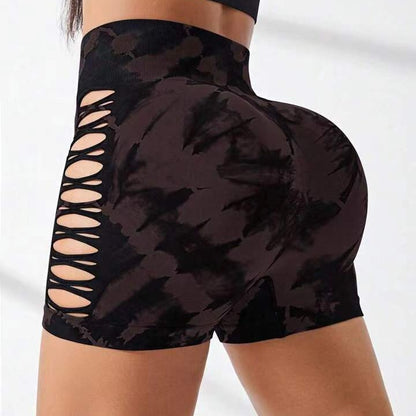 High Waisted Seamless Butt Lifting Tie Dye Yoga Shorts with Side Cutouts for Running Gym Workouts and Athleisure