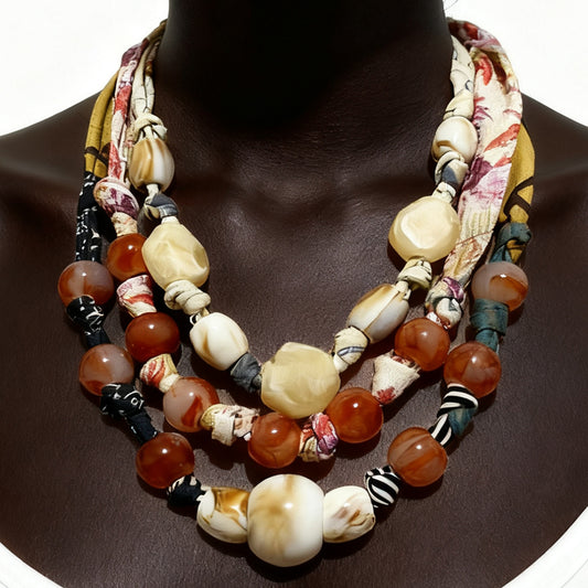 Stylish Handcrafted Multi-Layered Beaded Fabric Necklace – Unique Geometric Design for Effortless Chic and Casual Elegance