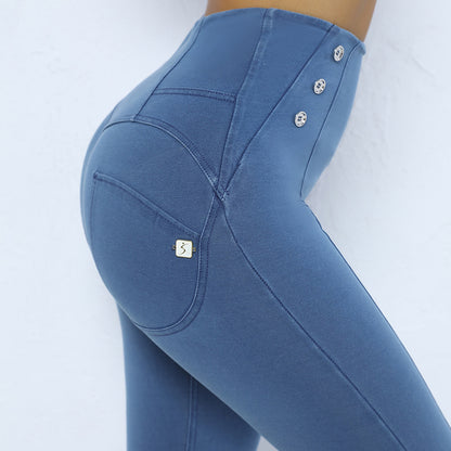 High Waisted Peach Butt Lifting Yoga Pants with Side Buttons Jean Look Workout Leggings for Women for Gym Pilates and Everyday Comfort