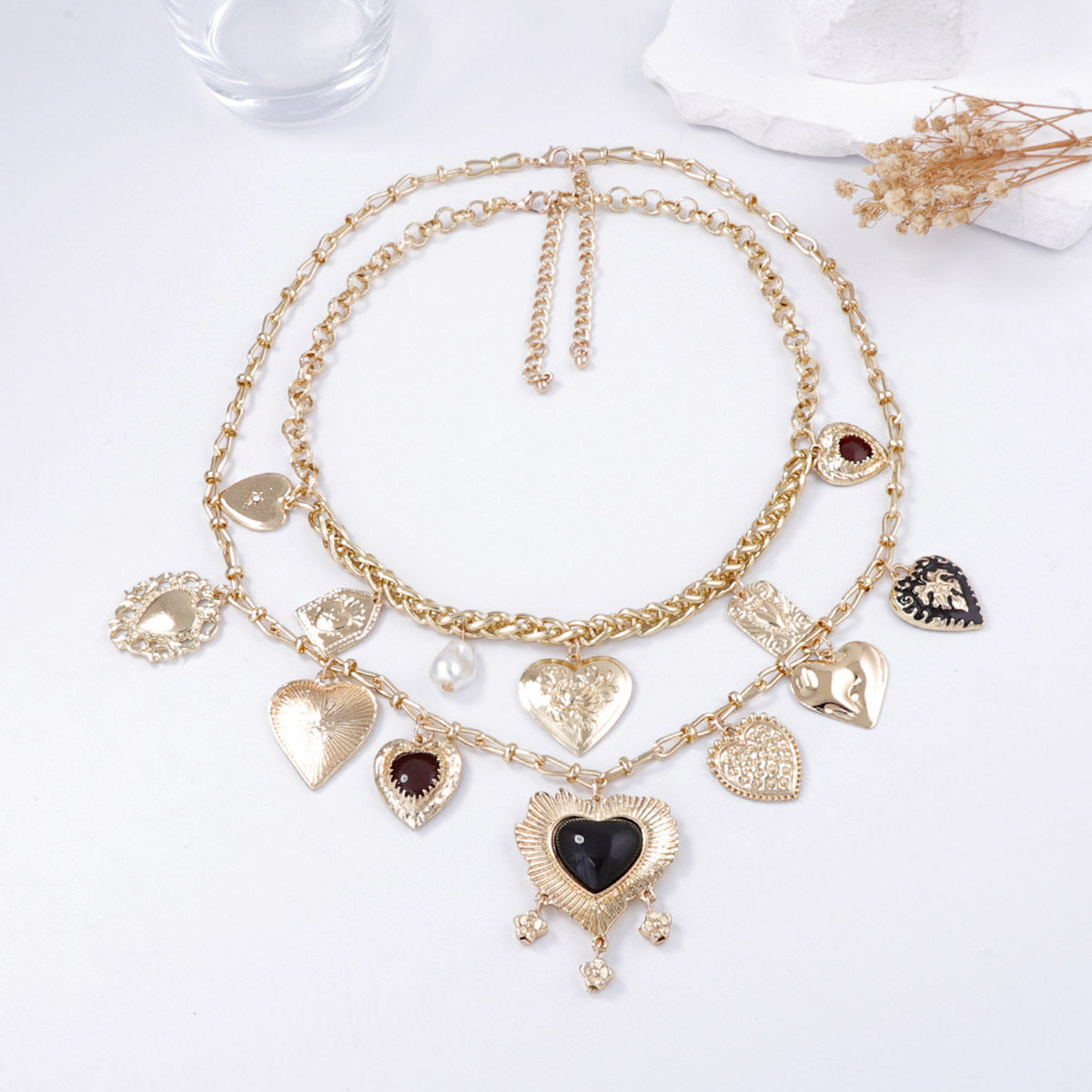 Vintage Goth-Inspired Geometric Heart-Shaped Pendant Layered Necklace and Earring Set for Women – Unique Double-Strand Chain Jewelry for a Bold Statement