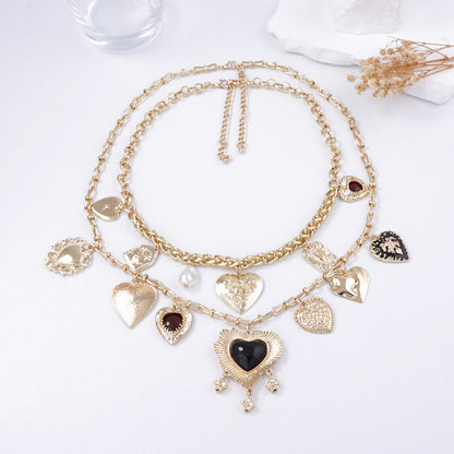 Vintage Goth-Inspired Geometric Heart-Shaped Pendant Layered Necklace and Earring Set for Women – Unique Double-Strand Chain Jewelry for a Bold Statement