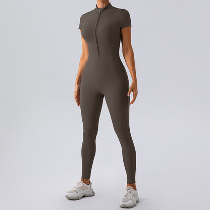 Zip Up Short Sleeve Yoga Bodysuit for Women Fitness Jumpsuit with Leggings for Active Lifestyle for Gym Workouts and Casual Wear