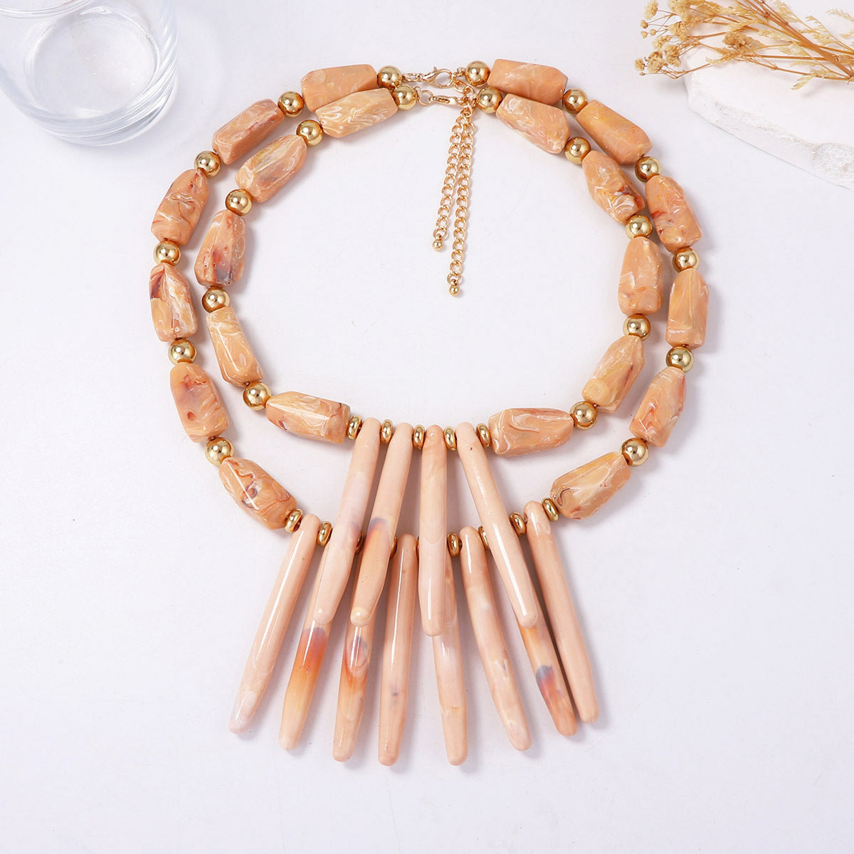 Unique Designer Coral and Geometric Resin Necklace - Statement Double-Layered Vacation Style for Standout Fashion Lovers