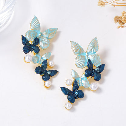 Chic Minimalist Alloy Thin-Coated Color Block Faux Pearl Butterfly Stud Earrings - Elegant Everyday Jewelry for Women